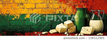 Dairy products with painted brick wall in lithuania flag colors Dairy products with painted brick wall in lithuania flag colors 136522905
