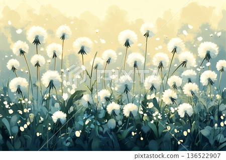 Sunlit dandelion field with gentle breeze and floating seeds Sunlit dandelion field with gentle breeze and floating seeds 136522907