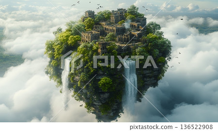 Floating ancient city with waterfalls and lush vegetation above clouds Floating ancient city with waterfalls and lush vegetation above clouds 136522908