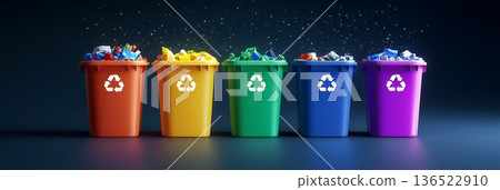 Colorful recycling bins with waste for environmental awareness and sustainability Colorful recycling bins with waste for environmental awareness and sustainability 136522910