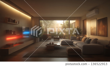 Modern living room with ambient lighting and cozy decor in warm tones Modern living room with ambient lighting and cozy decor in warm tones 136522913
