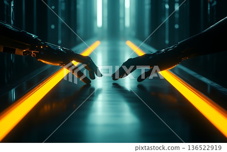 Dramatic silhouette of human and robotic hands reaching towards each other against futuristic background with glowing orange lines 136522919