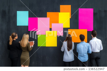 Group of professionals studying vibrant sticky notes on dark wall, strategic planning session with colorful paper arrangement Group of professionals studying vibrant sticky notes on dark wall, strategic planning session with colorful paper arrangement 136522947