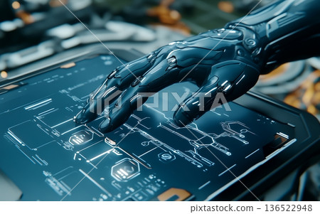 Artificial robotic hand interacting with glowing digital blueprint interface, technological innovation and AI development concept Artificial robotic hand interacting with glowing digital blueprint interface, technological innovation and AI development concept 136522948