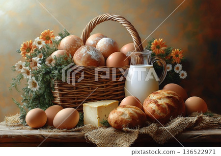 Rustic basket of fresh eggs with bread, cheese, and milk surrounding by flowers Rustic basket of fresh eggs with bread, cheese, and milk surrounding by flowers 136522971