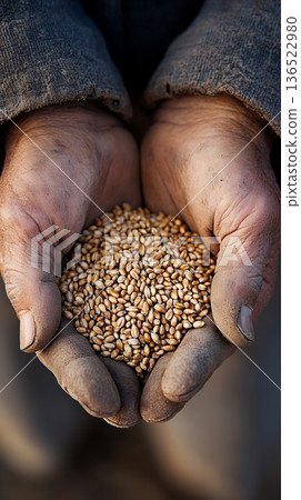 Elderly caucasian hands holding wheat grains outdoors, symbolizing harvest and agriculture Elderly caucasian hands holding wheat grains outdoors, symbolizing harvest and agriculture 136522980