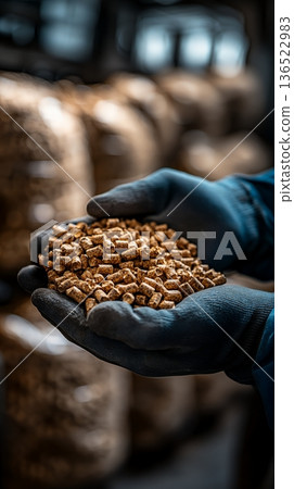 Close-up of gloved hands holding wood pellets in industrial setting 136522983