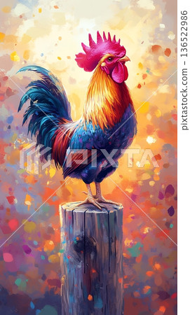 Vibrant rooster on a post with colorful background at sunrise 136522986