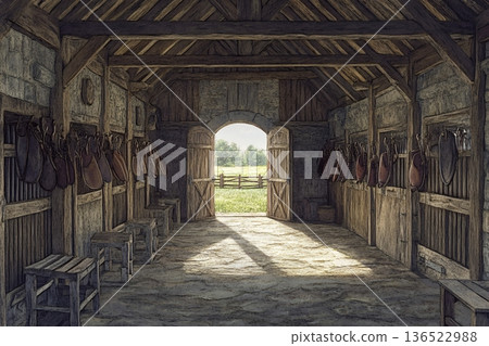 Rustic wooden stable interior with sunlit entrance and hanging saddles Rustic wooden stable interior with sunlit entrance and hanging saddles 136522988