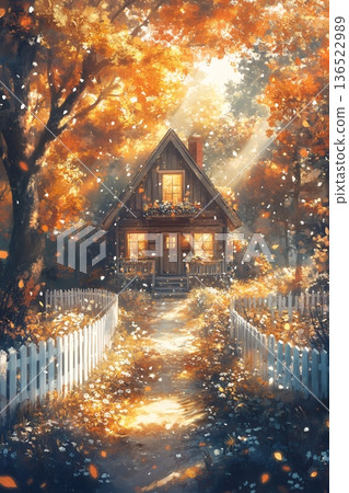 Cozy cottage in autumn forest with white fence and falling leaves Cozy cottage in autumn forest with white fence and falling leaves 136522989