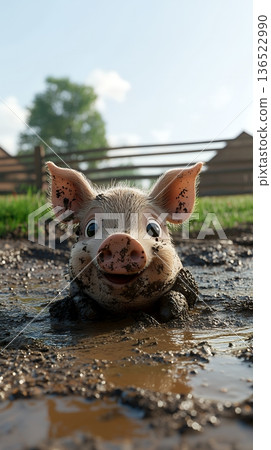 Cute piglet enjoying a mud bath on a sunny day at the farm 136522990