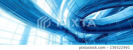 Futuristic blue industrial pipes in modern architecture design 136522991