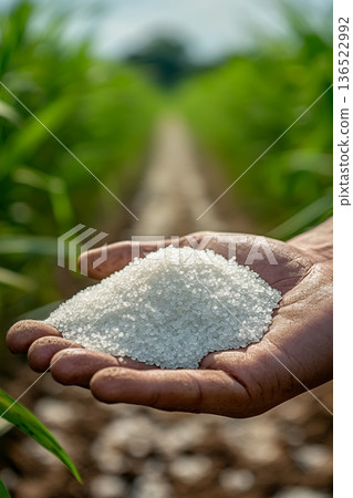 Hand holding fertilizer granules in green agricultural field Hand holding fertilizer granules in green agricultural field 136522992