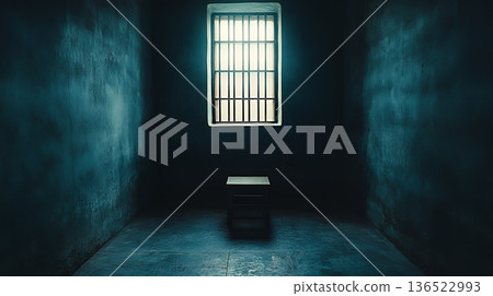 Solitary prison cell with high barred window and stool in shadowy atmosphere 136522993