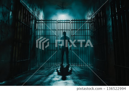 Silhouetted person standing in dark prison corridor with dim light and fog Silhouetted person standing in dark prison corridor with dim light and fog 136522994