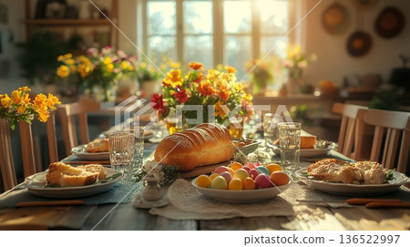 Colorful easter brunch table with spring flowers and bread in sunlit room 136522997