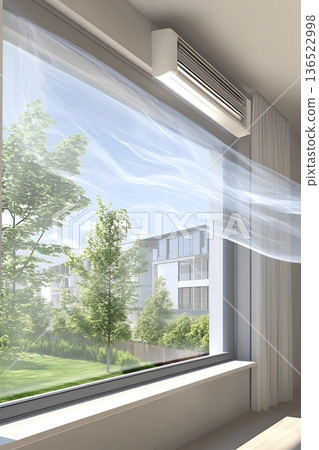 Modern apartment view with air conditioner and greenery through large window 136522998
