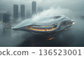 Futuristic floating building in foggy cityscape with skyscrapers 136523001