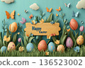 Colorful easter scene with painted eggs, butterflies, and spring flowers 136523002