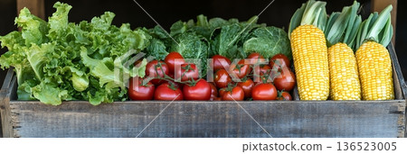 Fresh garden vegetables in wooden crate: lettuce, tomatoes, cabbage, corn display Fresh garden vegetables in wooden crate: lettuce, tomatoes, cabbage, corn display 136523005