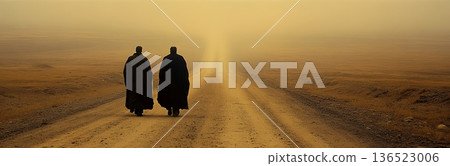 Two figures walking on foggy desert path at sunrise Two figures walking on foggy desert path at sunrise 136523006
