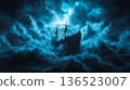 Dramatic ship in stormy sea with lightning strikes and turbulent waves 136523007