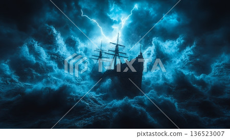 Dramatic ship in stormy sea with lightning strikes and turbulent waves Dramatic ship in stormy sea with lightning strikes and turbulent waves 136523007