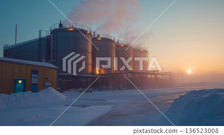 Industrial oil refinery in winter at sunrise with snow and steam Industrial oil refinery in winter at sunrise with snow and steam 136523008