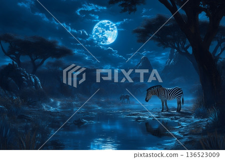 Zebras in moonlit african landscape with reflective water and silhouetted trees 136523009