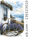 Tranquil coastal scene with vintage bicycle and lavender 136523010