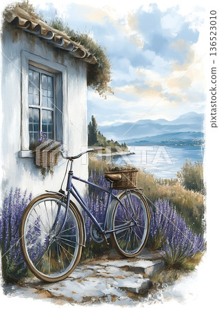 Tranquil coastal scene with vintage bicycle and lavender 136523010
