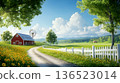 Idyllic rural landscape with red barn and windmill on sunny day 136523014