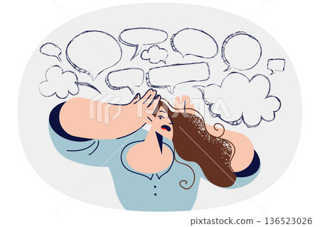 Overabundance information causes headaches in woman clutching head, standing under dialogue clouds 136523026