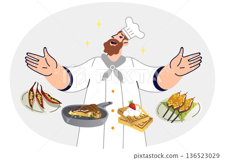 Restaurant man chef demonstrates dishes from menu, offering to try new culinary delicacies 136523029