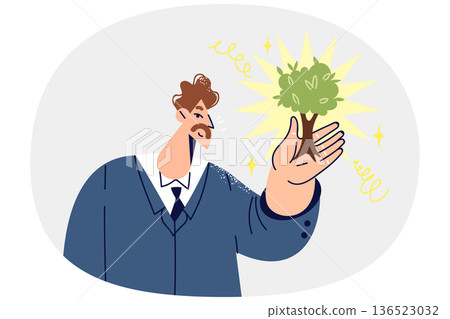 Business man with miniature tree symbolizing investment in future and concern for environment Business man with miniature tree symbolizing investment in future and concern for environment 136523032