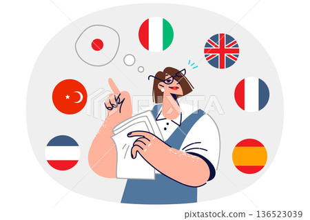 Woman translator calls for learning different languages, standing among national flags 136523039