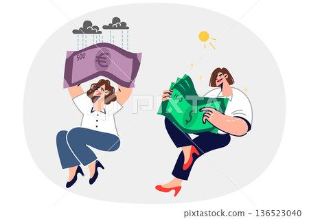 Two women with dollars and euros in hands exchange cash into currencies and get different results 136523040