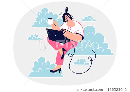 Woman freelancer uses cloud technologies to work remotely via internet, sitting on sky with laptop Woman freelancer uses cloud technologies to work remotely via internet, sitting on sky with laptop 136523041