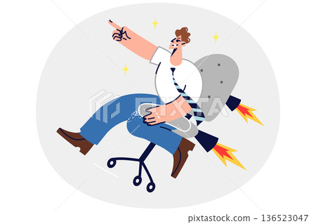 Successful man flies sitting in business chair, for concept of person moving up career ladder Successful man flies sitting in business chair, for concept of person moving up career ladder 136523047
