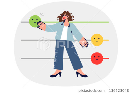 Woman gives feedback about product by moving smiley face and positively assessing experience Woman gives feedback about product by moving smiley face and positively assessing experience 136523048
