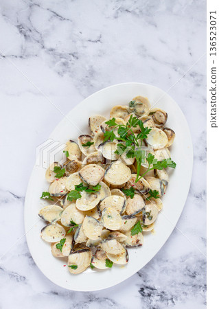 vongole clams, in cream sauce, on a white plate, homemade, top view, no people, vongole clams, in cream sauce, on a white plate, homemade, top view, no people, 136523071