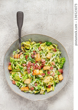 Brussels sprouts Caesar salad, with bacon and croutons, healthy food, homemade, no people, Brussels sprouts Caesar salad, with bacon and croutons, healthy food, homemade, no people, 136523073
