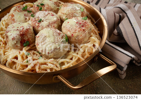 spaghetti with chicken meatballs, with cream sauce, and parmesan cheese, and decorated with microgreens, homemade, no people, spaghetti with chicken meatballs, with cream sauce, and parmesan cheese, and decorated with microgreens, homemade, no people, 136523074