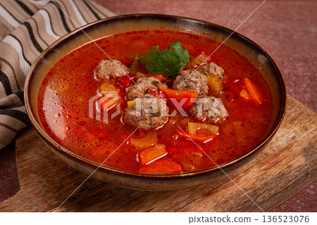 Romanian soup with meatballs, vegetable soup with meatballs, homemade, no people, Romanian soup with meatballs, vegetable soup with meatballs, homemade, no people, 136523076