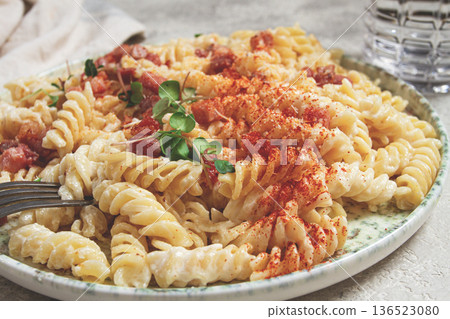 fusilli pasta with cheese and bacon, homemade, no people, fusilli pasta with cheese and bacon, homemade, no people, 136523080