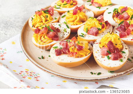 Spicy, stuffed ramen eggs, with bacon and green onions, homemade, no people, 136523085