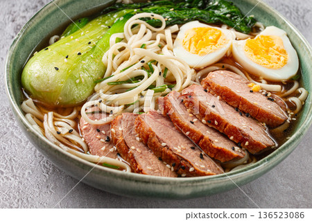 ramen soup with duck and noodles, with eggs and bok choy, homemade, no people, ramen soup with duck and noodles, with eggs and bok choy, homemade, no people, 136523086