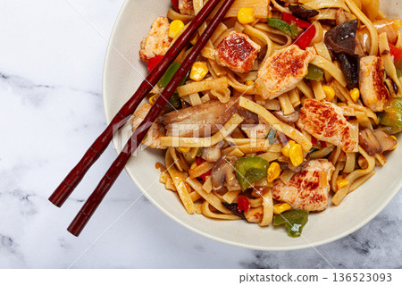 fried noodles with chicken meat and vegetables, Bami Goreng, Indonesian dish, no people, fried noodles with chicken meat and vegetables, Bami Goreng, Indonesian dish, no people, 136523093