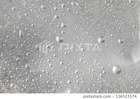 wet new aluminum foil with a lot of water on the surface, aluminum foil for food packaging coated with a large number of drops of clean water 136523574