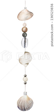 Vertical watercolor seashell garland with beads on string, coastal boho wedding illustration 136523656